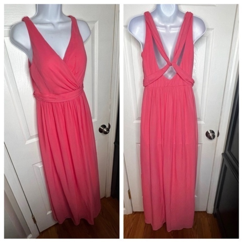 NWT Adrianna Papell Women's 4 Coral Chiffon Drape Back Gown Long Dress S Flaw